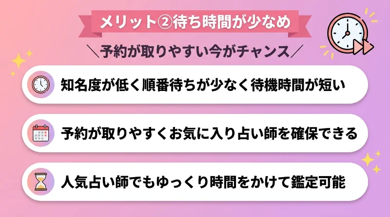 2. 知名度が低いため待ち時間が少なめ